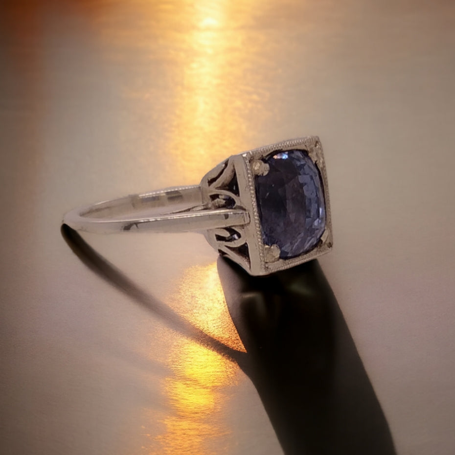 Art Deco Egyptian Revival 18ct White Gold & Sapphire Ring