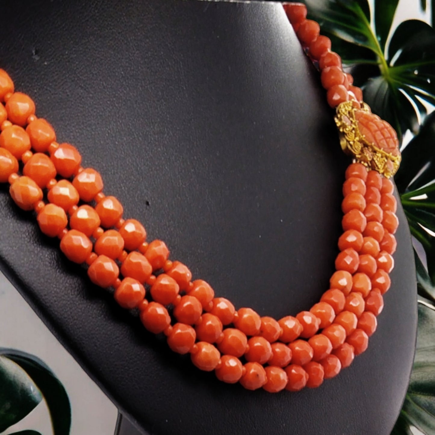 Three-Strand Antique Coral Necklace with 18ct Gold & Coral Clasp