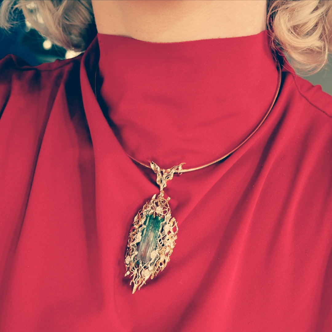 Vintage 18ct Gold & Emerald-Cut Watermelon Tourmaline Pendant / Brooch
