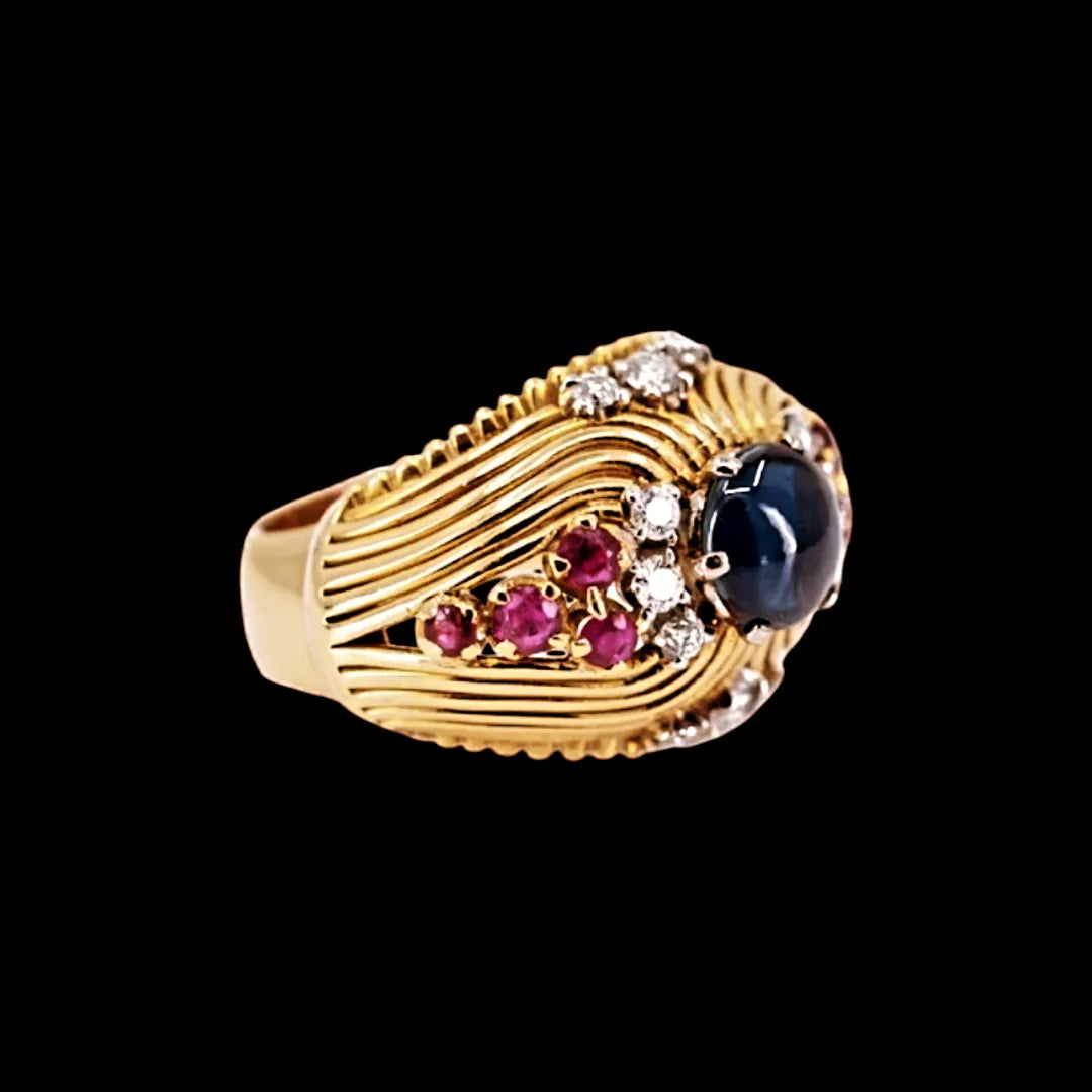 Vintage 1950s 18ct Gold Cocktail Ring with Cabochon Sapphire, Rubies & Diamonds