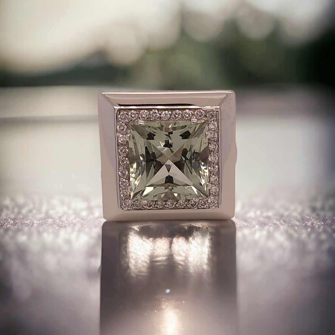 18ct White Gold, Green Quartz & Diamond Ring