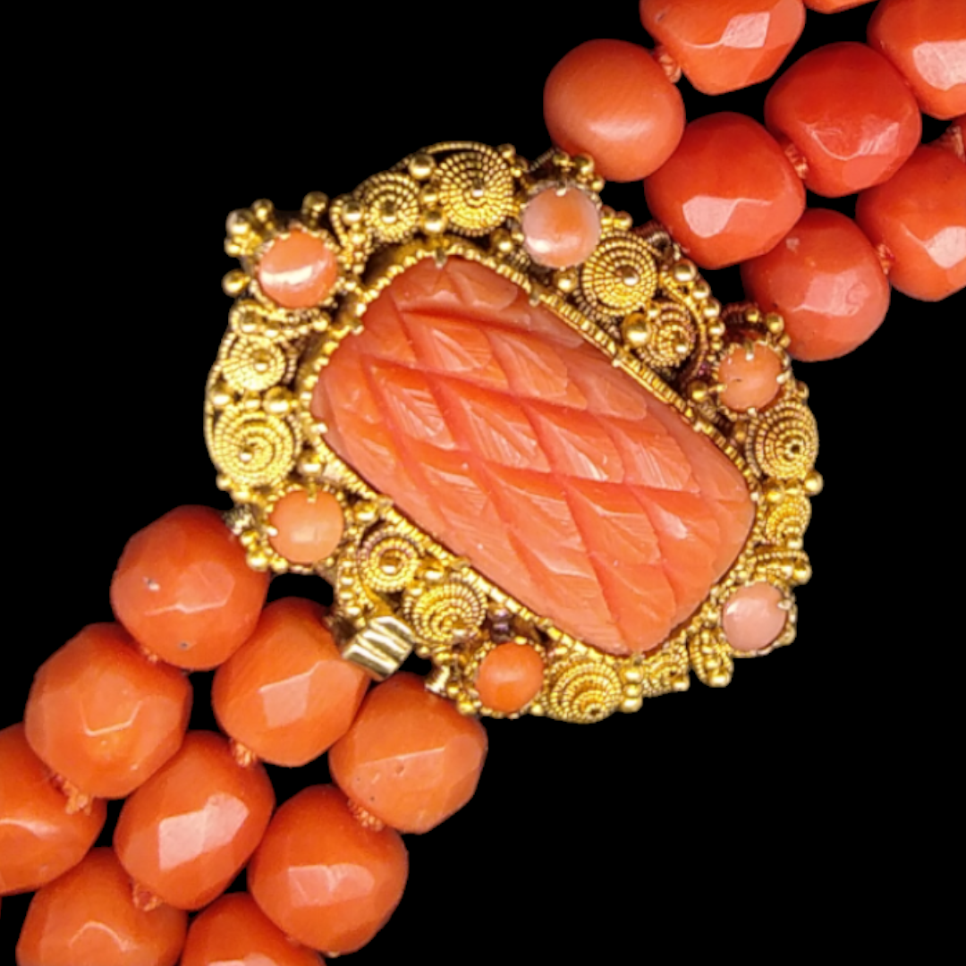 Three-Strand Antique Coral Necklace with 18ct Gold & Coral Clasp