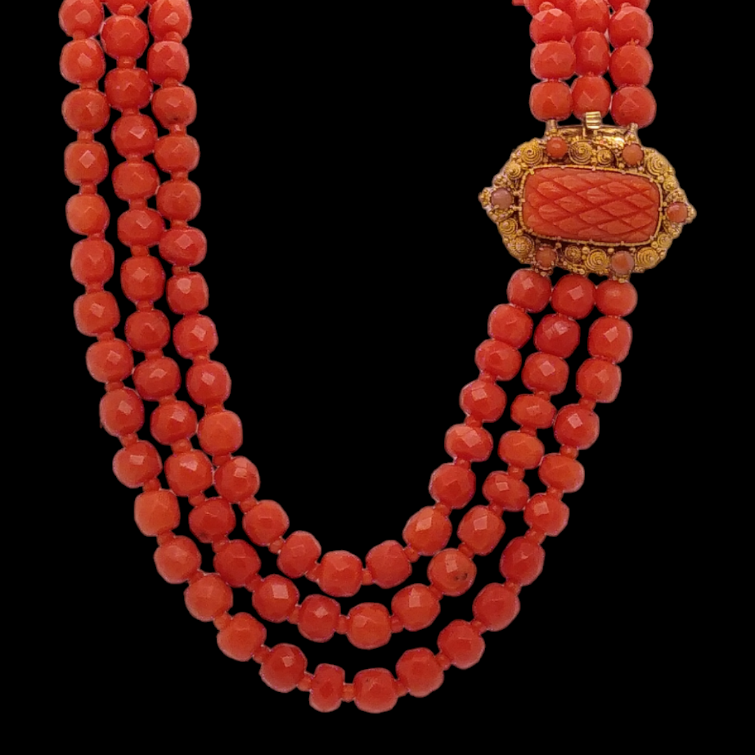 Three-Strand Antique Coral Necklace with 18ct Gold & Coral Clasp