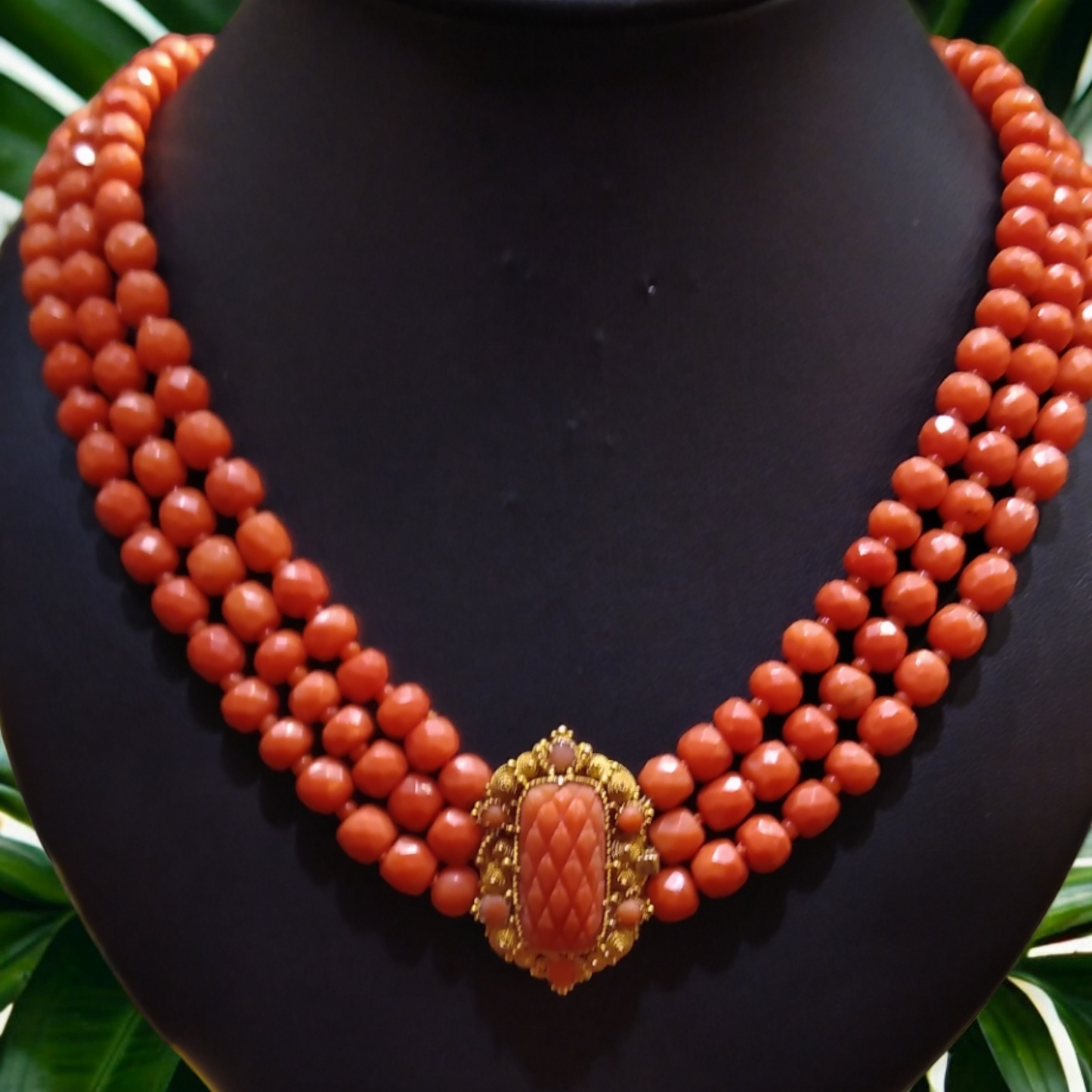 Three-Strand Antique Coral Necklace with 18ct Gold & Coral Clasp