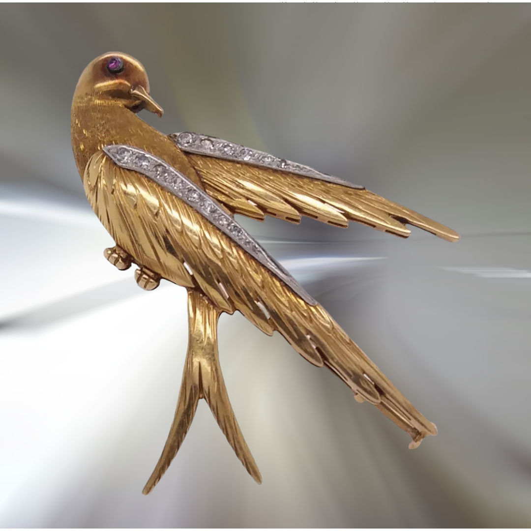 Vintage, 18ct Gold Bird Brooch with Ruby & Diamond Eyes