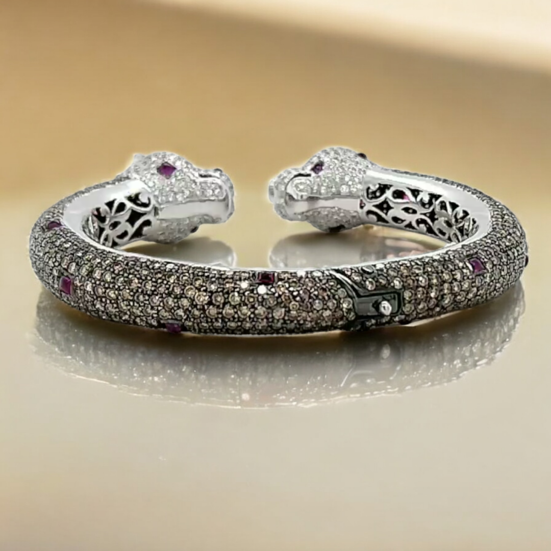 Bold 18ct White Gold, Ruby & Diamond Leopard Cuff Bracelet