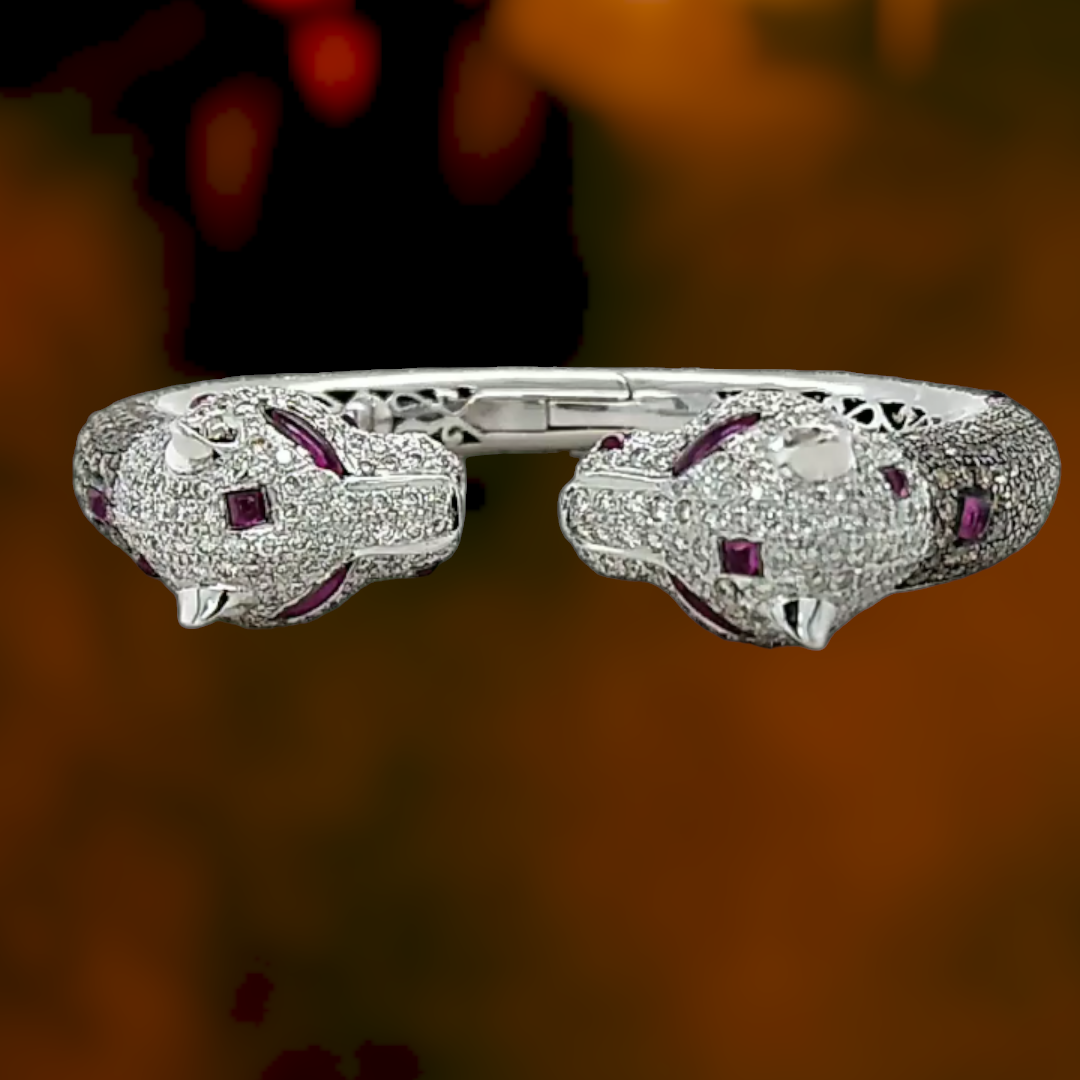 Bold 18ct White Gold, Ruby & Diamond Leopard Cuff Bracelet