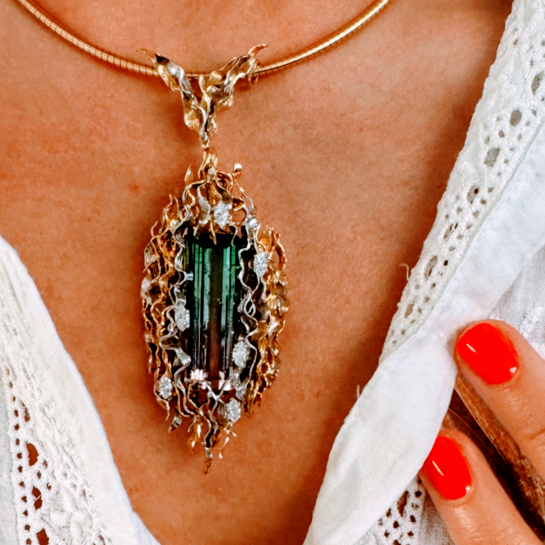 Vintage 18ct Gold & Emerald-Cut Watermelon Tourmaline Pendant / Brooch