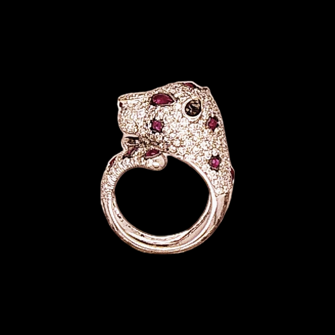 18ct White Gold, Ruby & Diamond Leopard Ring