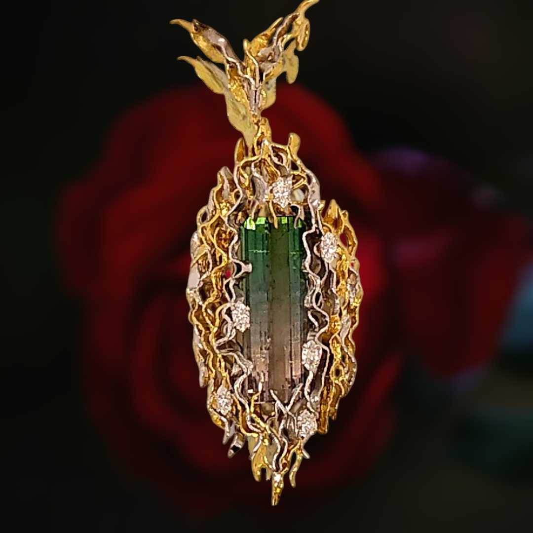Vintage 18ct Gold & Emerald-Cut Watermelon Tourmaline Pendant / Brooch