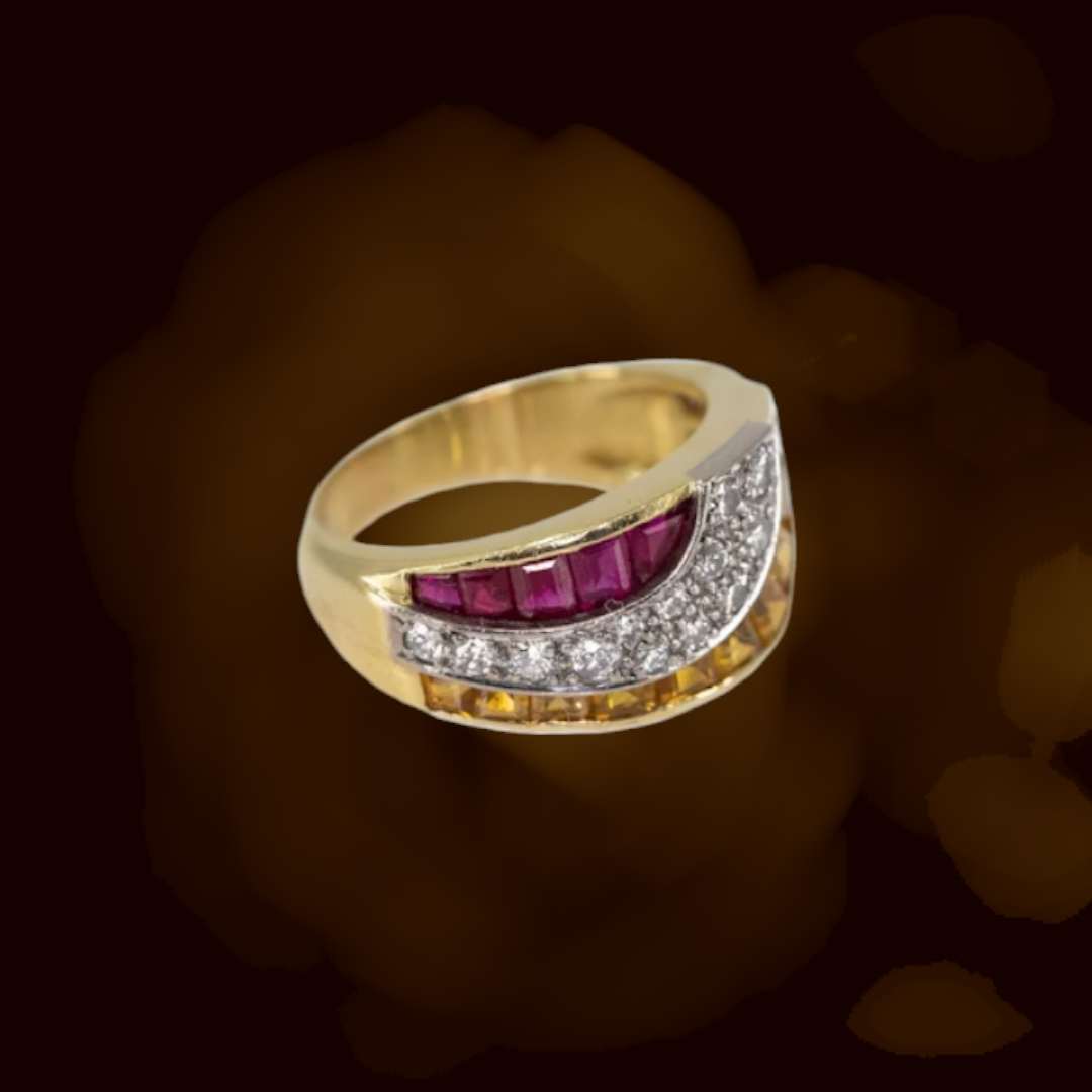 1960s Vintage Ruby, Sapphire, and Diamond Abstract Design Ring in 18ct Gold