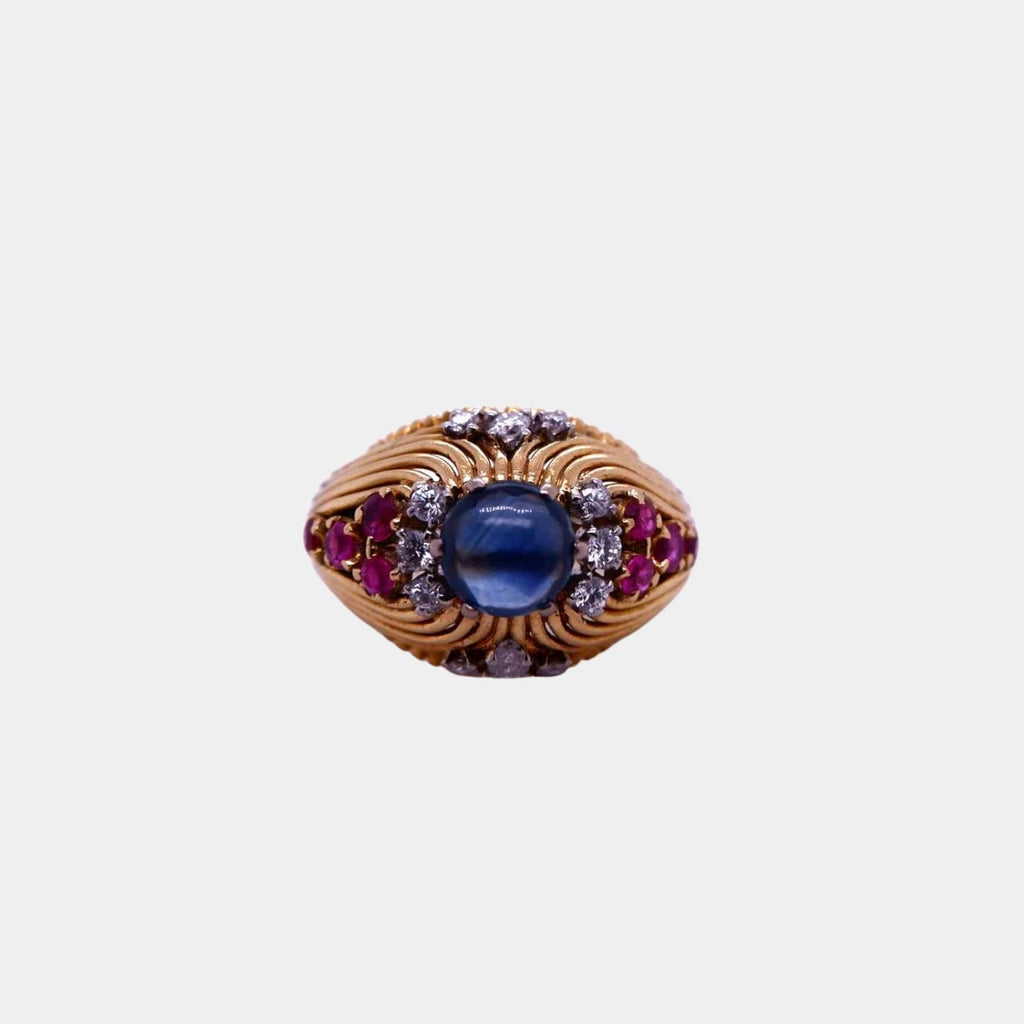 Vintage 1950s 18ct Gold Cocktail Ring with Cabochon Sapphire, Rubies and Diamonds