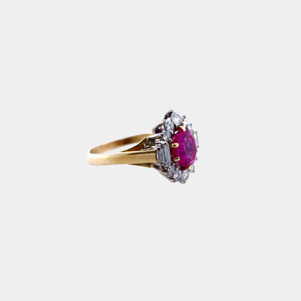 Vintage Natural Burma Ruby, Diamond and 18ct Yellow and White Gold Ring