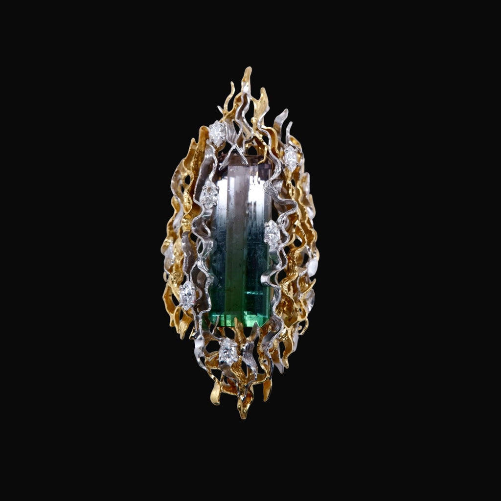 Vintage 18ct Gold & Emerald-Cut Watermelon Tourmaline Pendant / Brooch