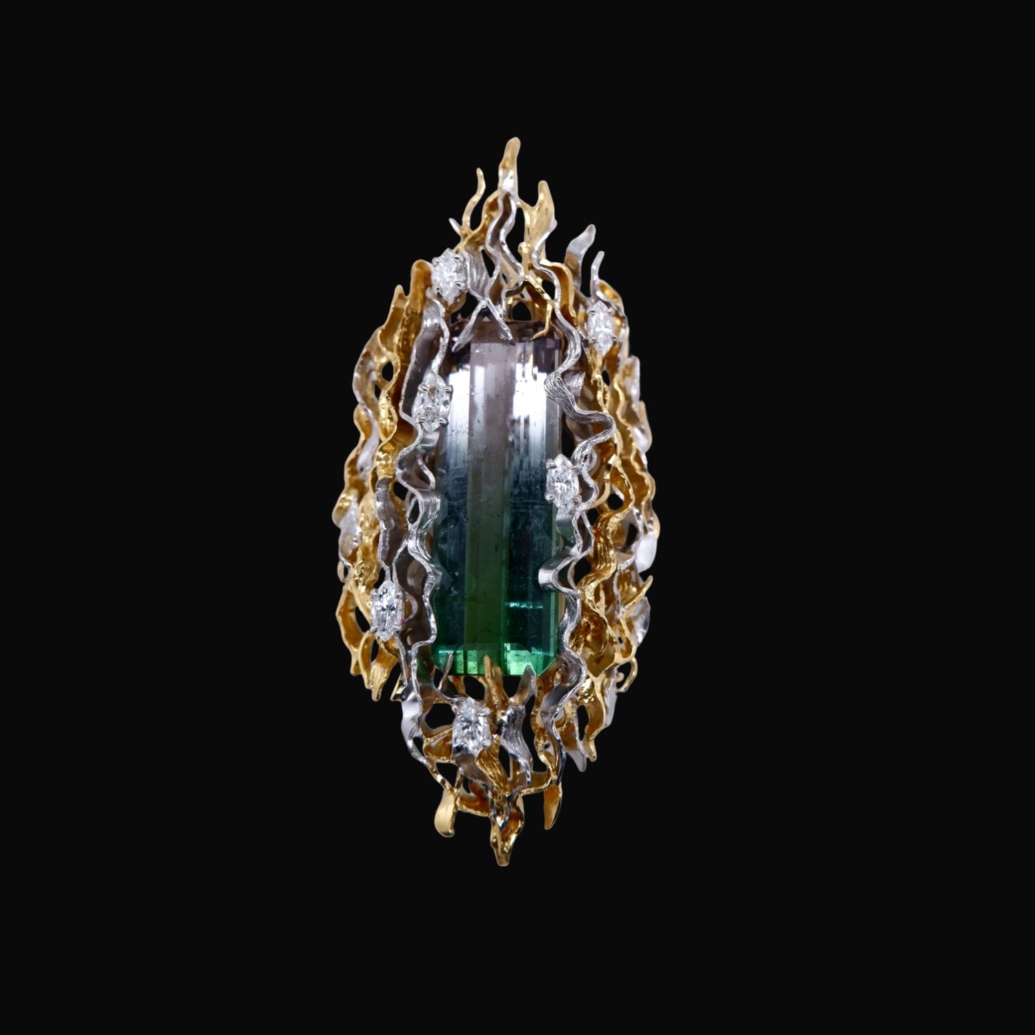 Vintage 18ct Gold & Emerald-Cut Watermelon Tourmaline Pendant / Brooch