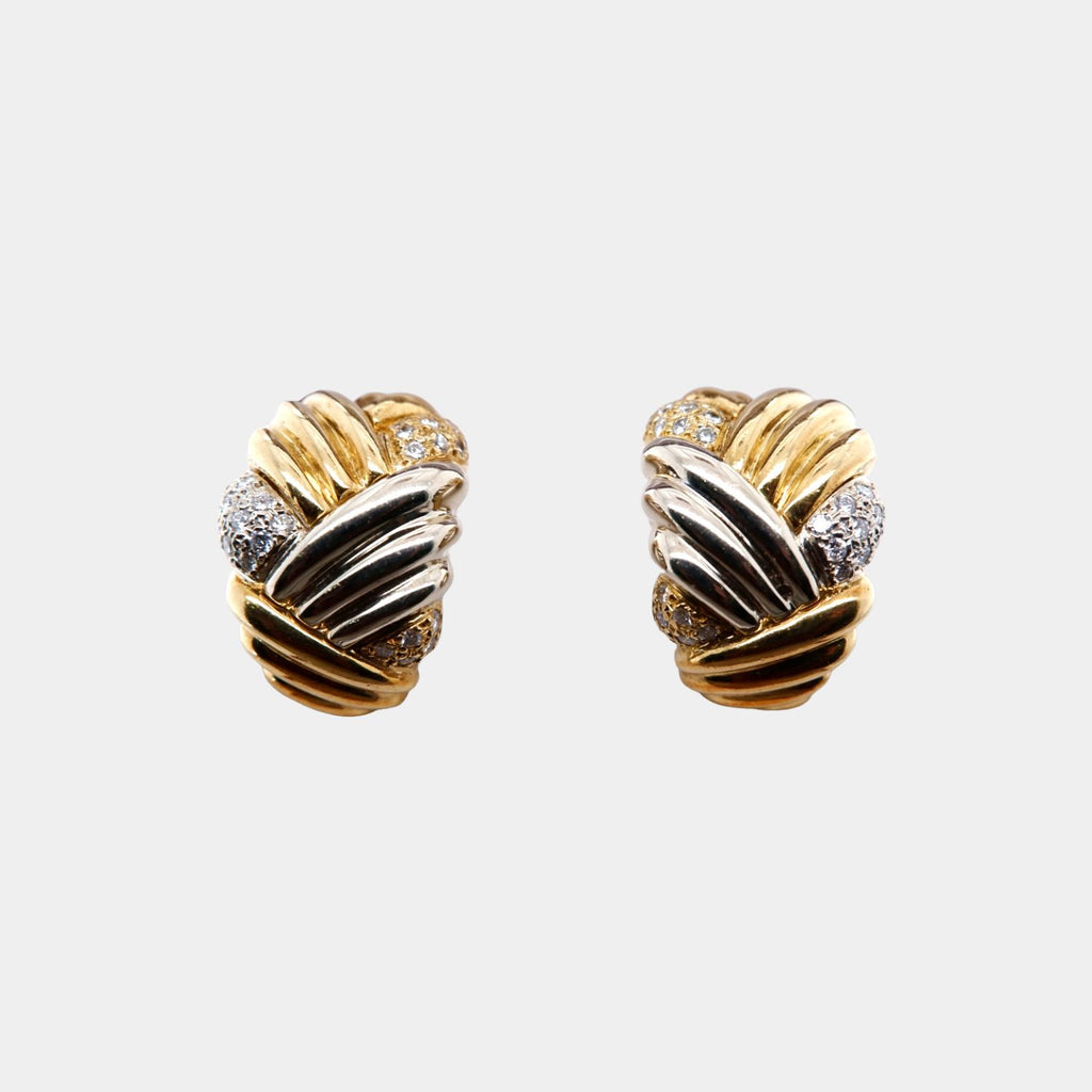 Vintage Italian "Milano Piero" in Two Tone 18ct Gold and Diamond Woven Earrings
