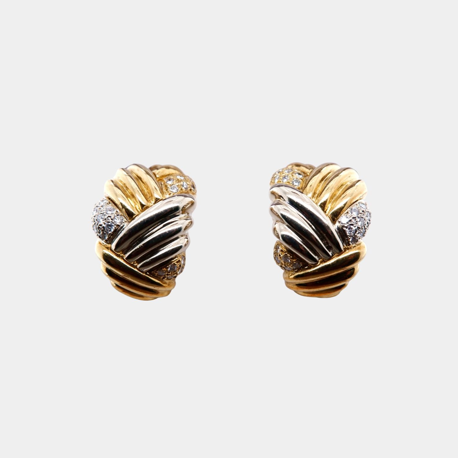 Vintage Italian "Milano Piero" in Two Tone 18ct Gold and Diamond Woven Earrings