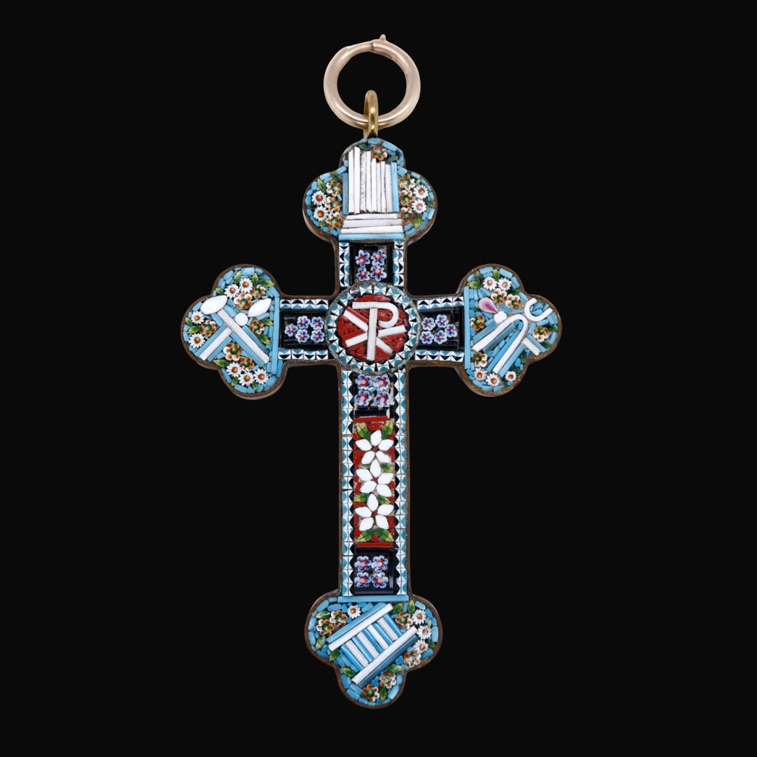 Italian Micro Mosaic Cross Pendant from the Grand Tour Period (17th-19th Century)