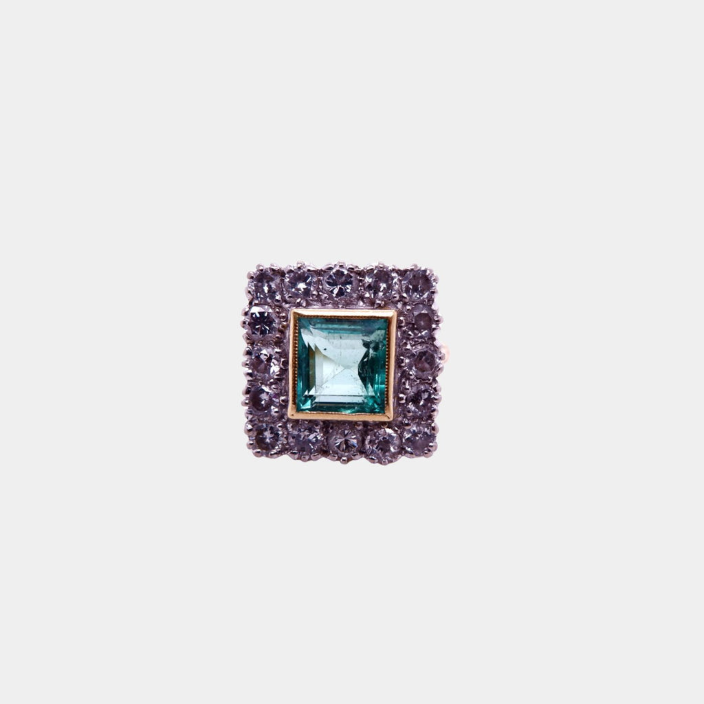 Vintage Square Cut Colombian Emerald and Diamond Ring