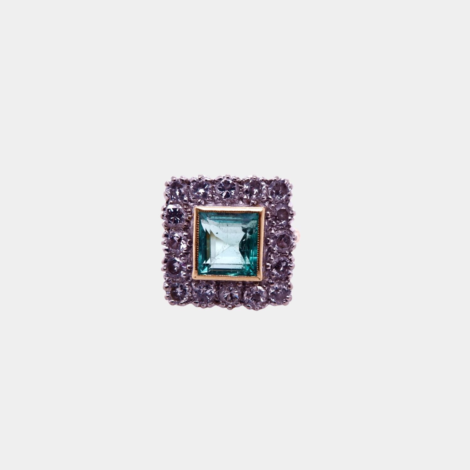 Vintage Square Cut Colombian Emerald and Diamond Ring
