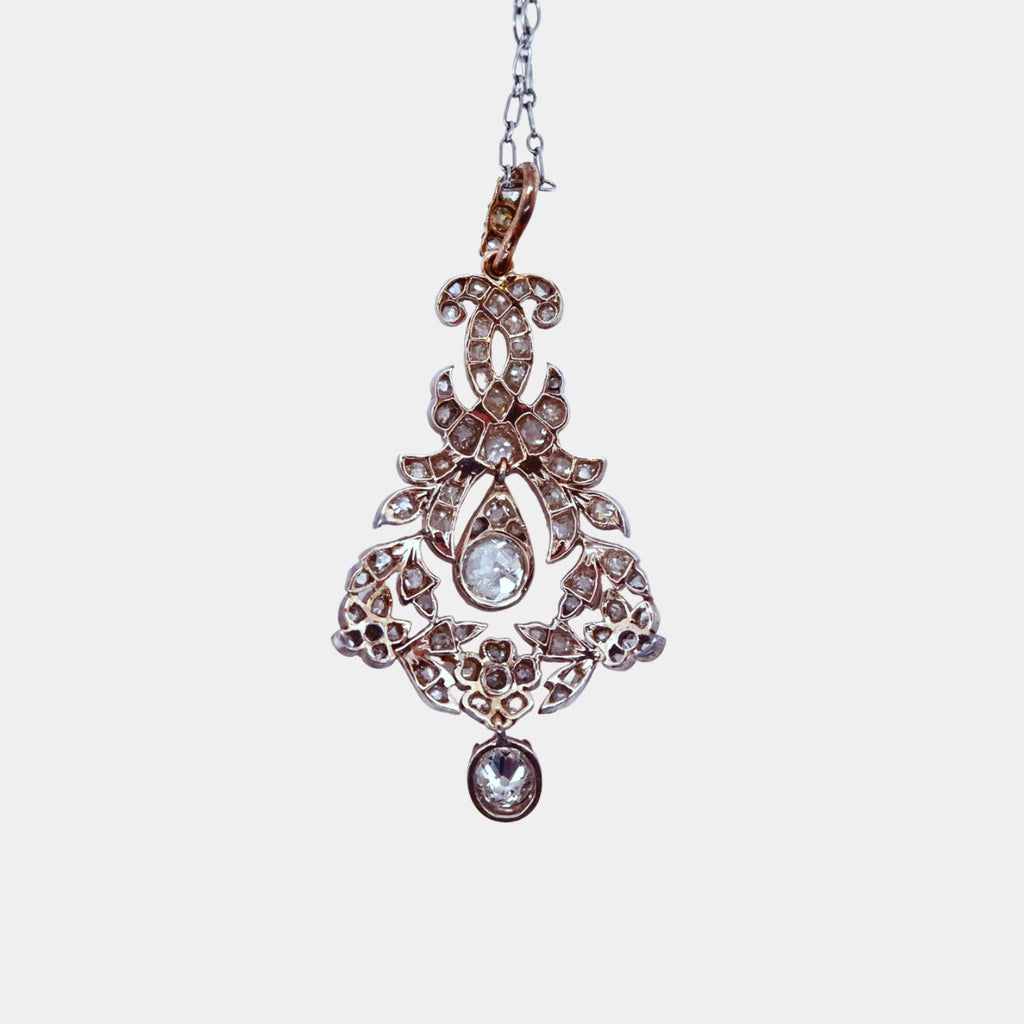 Antique 19th Century Old Mine Cut Diamond and Rose Cut Diamond Floral Pendant