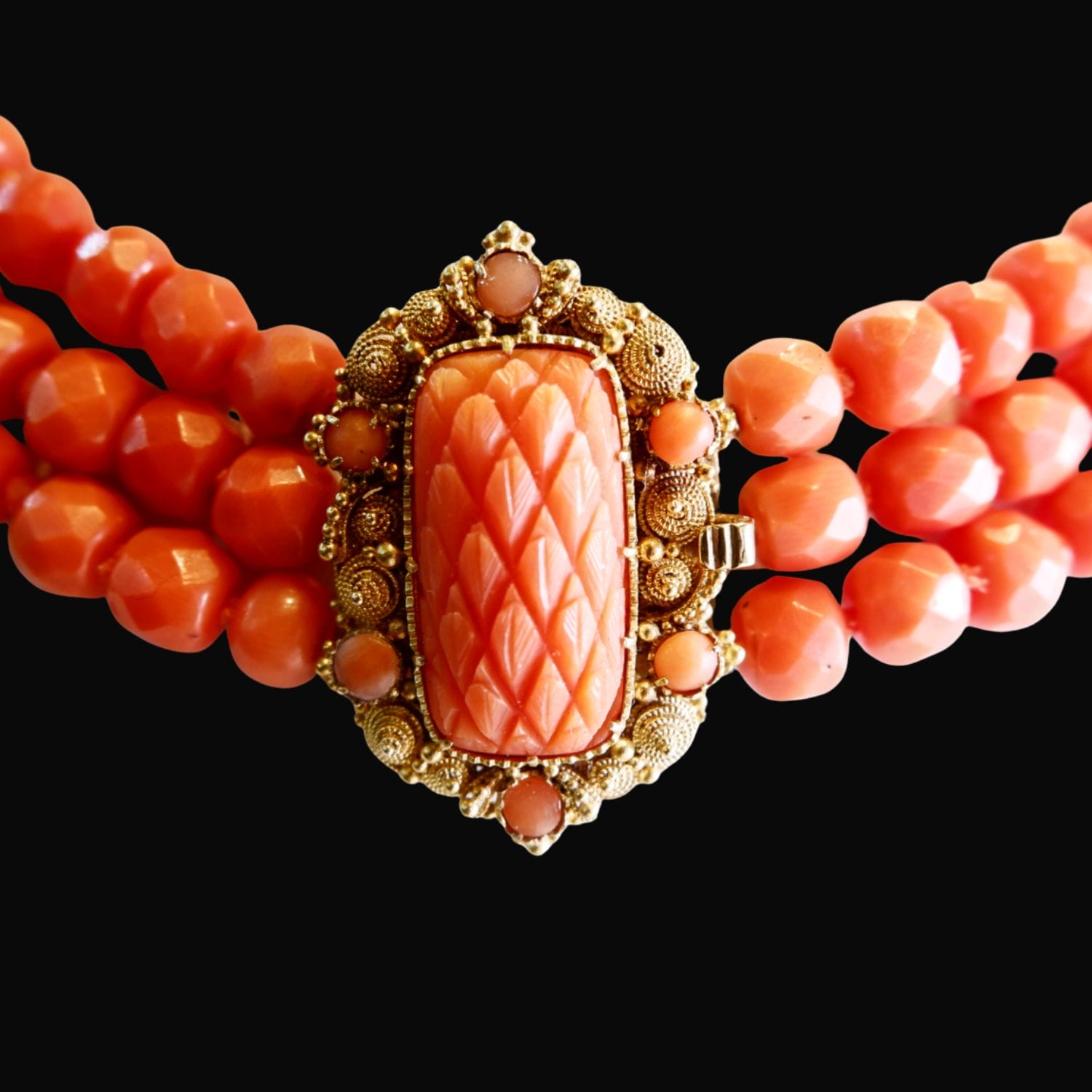 Three-Strand Antique Coral Necklace with 18ct Gold & Coral Clasp