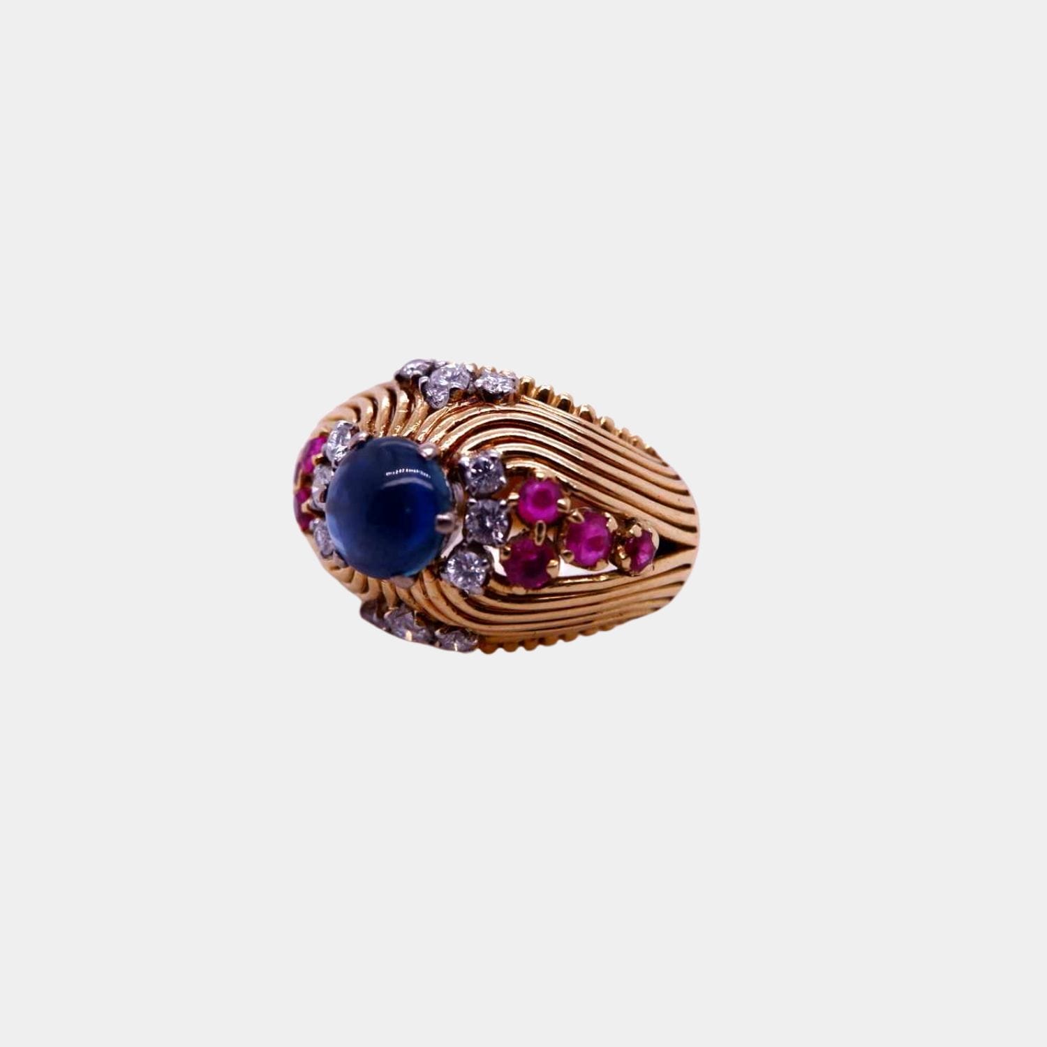 Vintage 1950s 18ct Gold Cocktail Ring with Cabochon Sapphire, Rubies and Diamonds