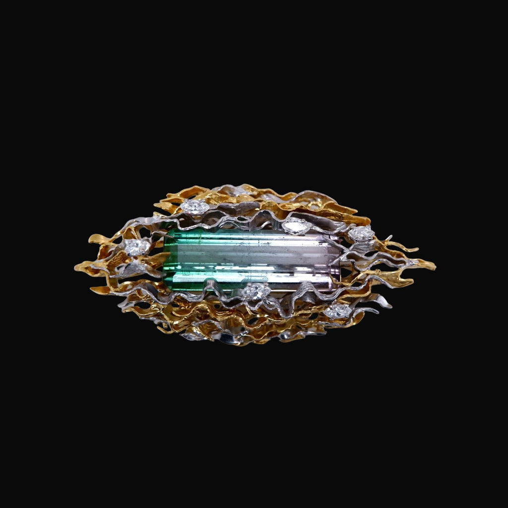 Vintage 18ct Gold & Emerald-Cut Watermelon Tourmaline Pendant / Brooch