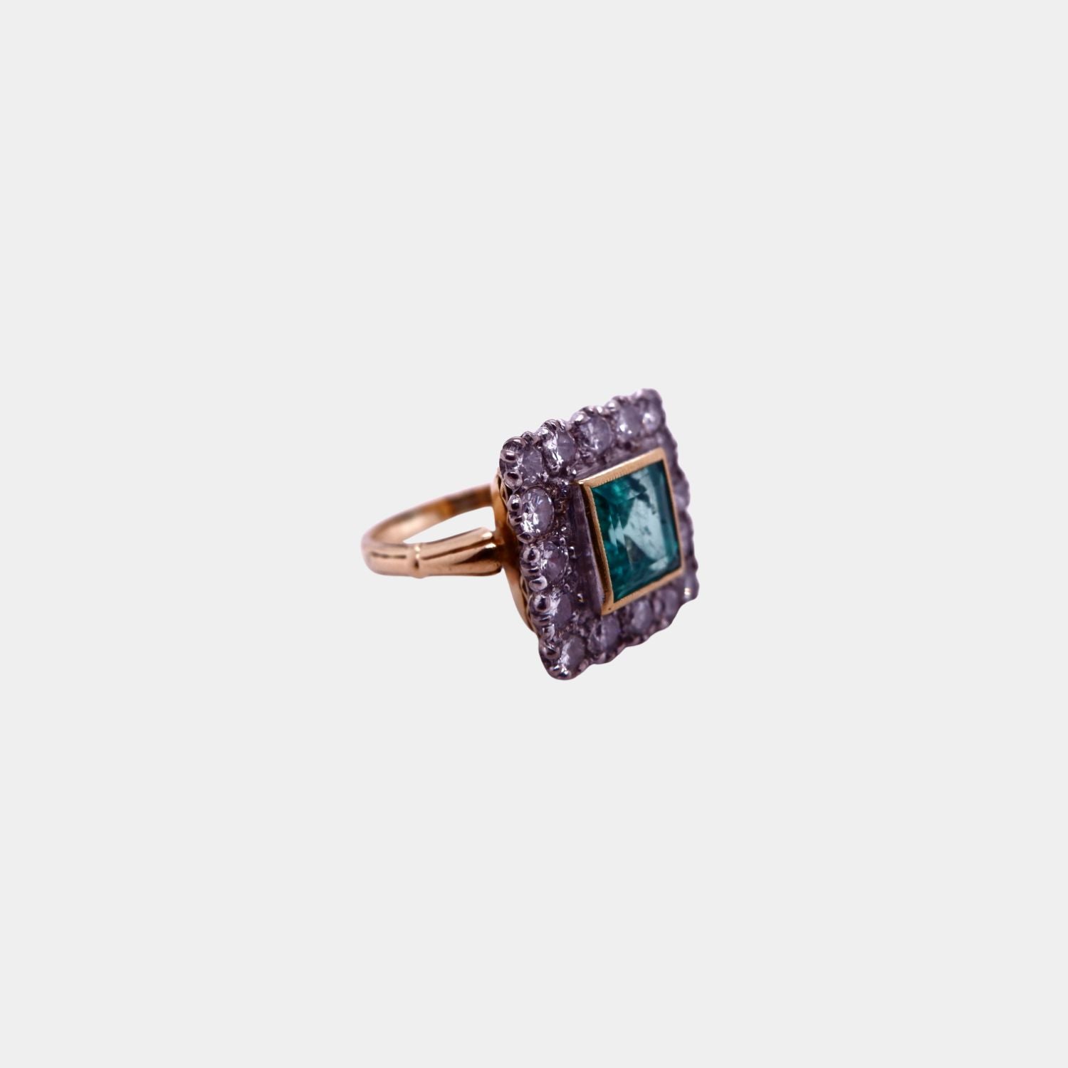 Vintage Square Cut Colombian Emerald and Diamond Ring