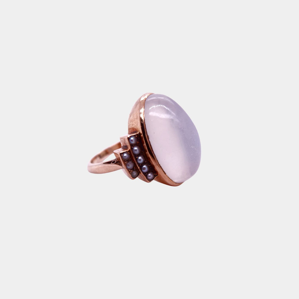 Vintage 1930's Large Cabochon Moonstone and Seed Pearl Ring