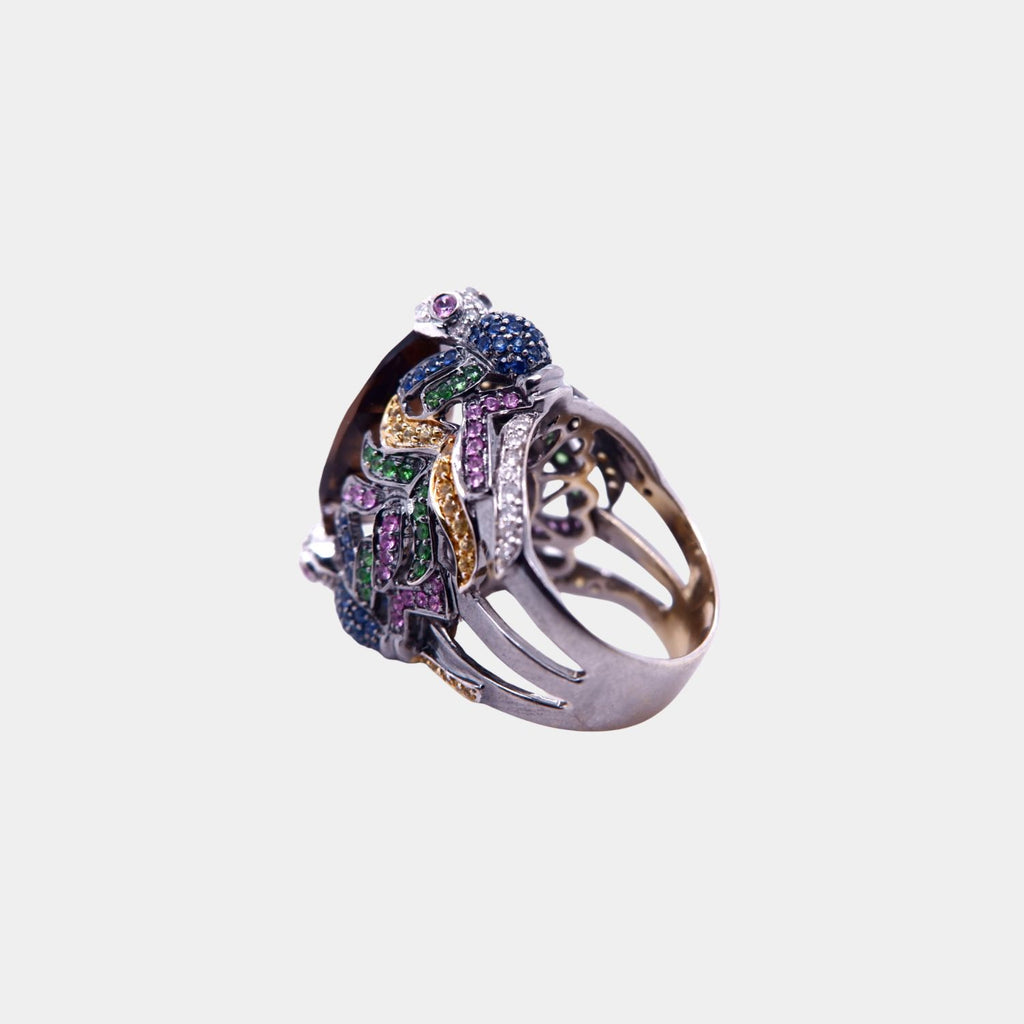 Multi Gem Smokey Quartz and 18ct White Gold Ring