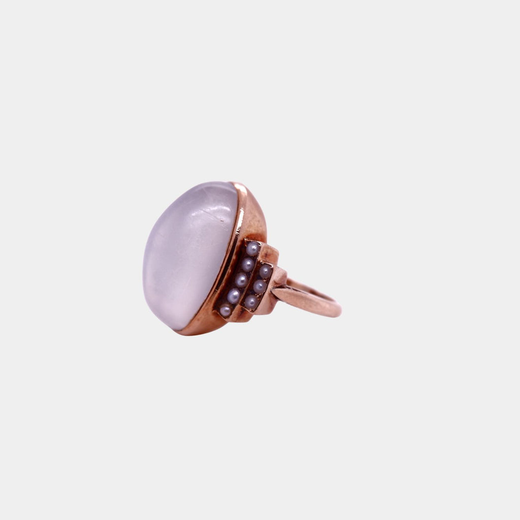 Vintage 1930's Large Cabochon Moonstone and Seed Pearl Ring