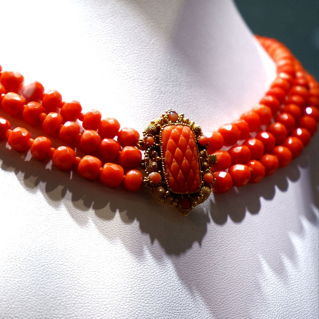Three-Strand Antique Coral Necklace with 18ct Gold & Coral Clasp