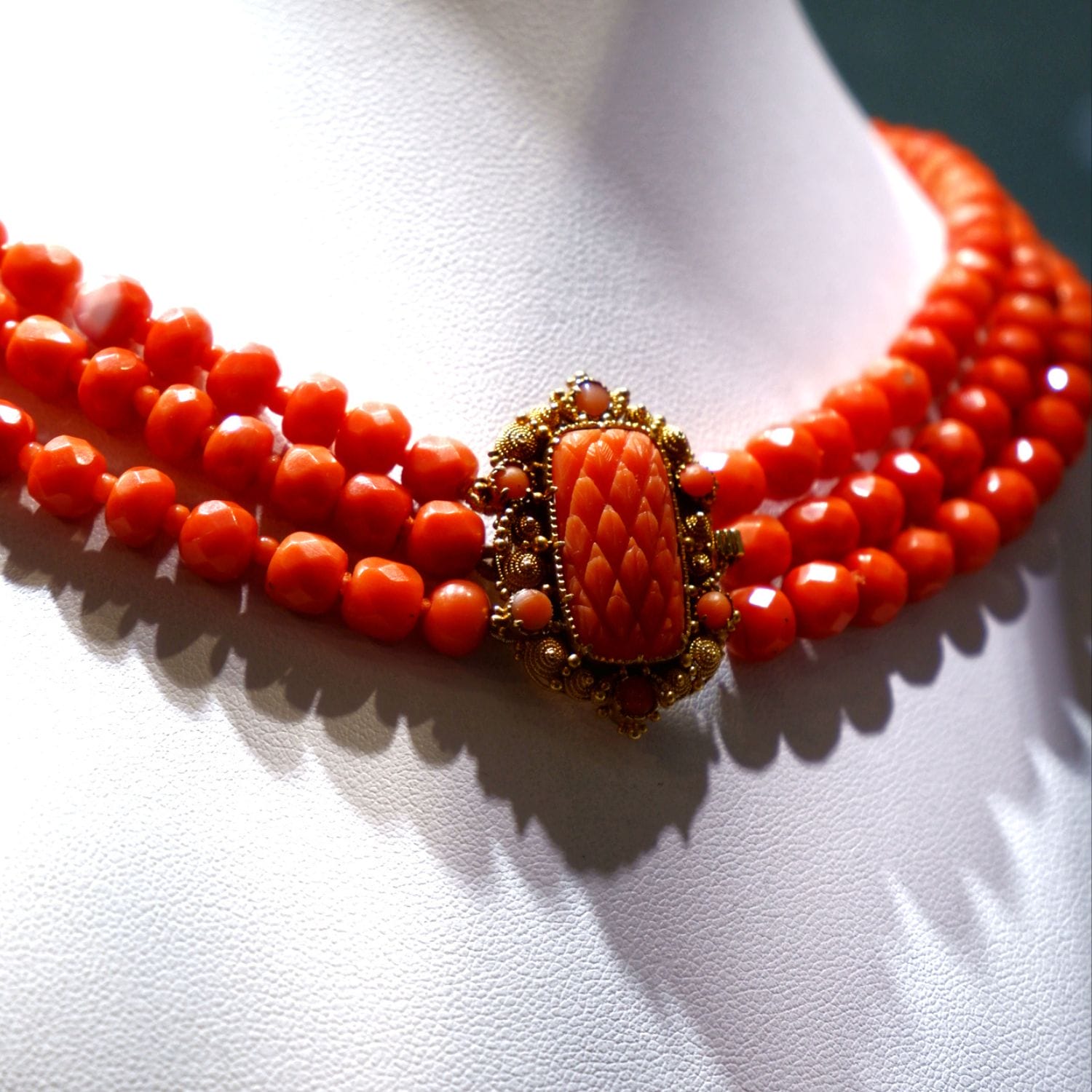 Three-Strand Antique Coral Necklace with 18ct Gold & Coral Clasp