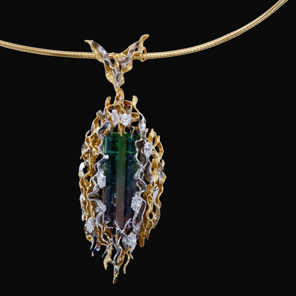 Vintage 18ct Gold & Emerald-Cut Watermelon Tourmaline Pendant / Brooch