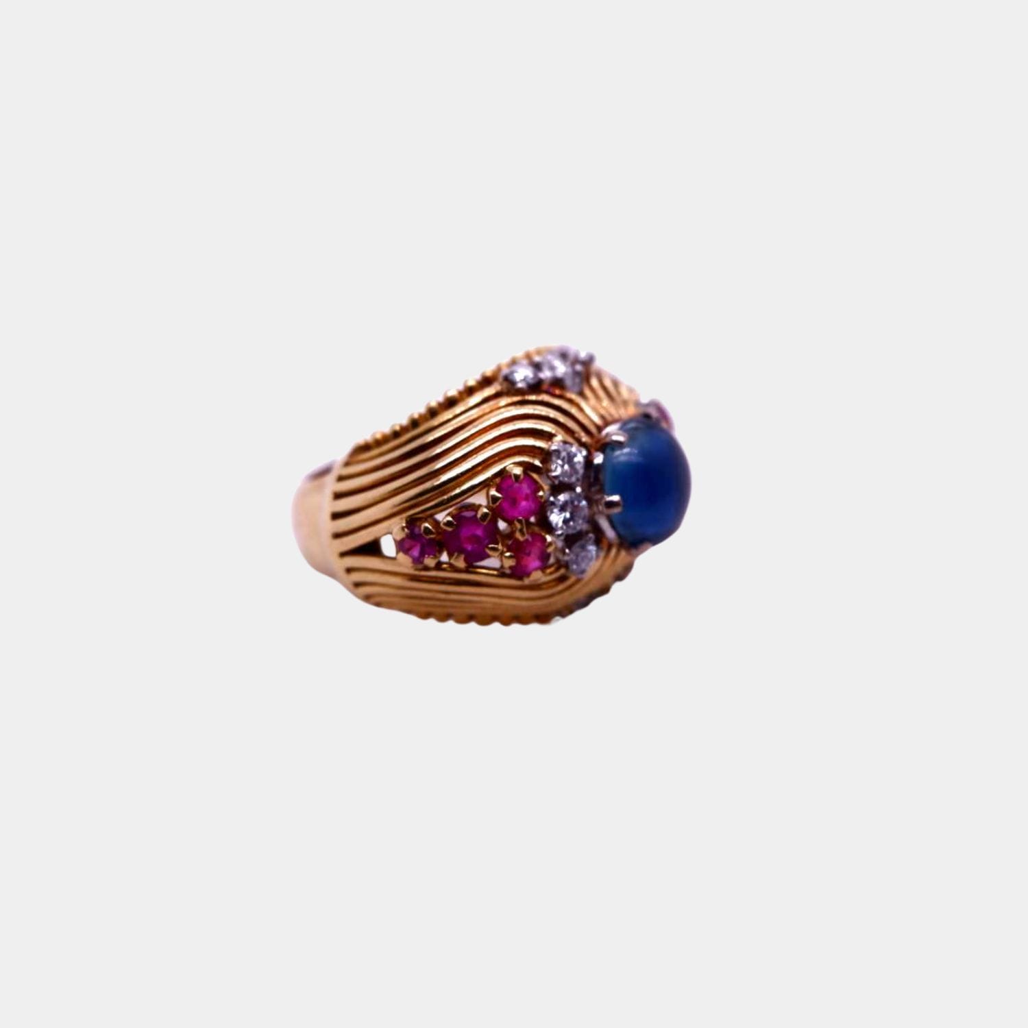 Vintage 1950s 18ct Gold Cocktail Ring with Cabochon Sapphire, Rubies and Diamonds