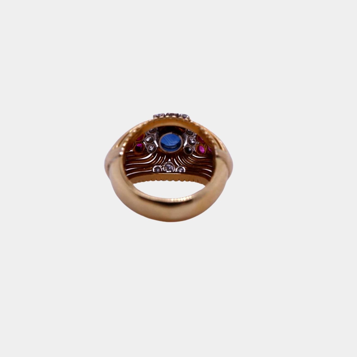 Vintage 1950s 18ct Gold Cocktail Ring with Cabochon Sapphire, Rubies and Diamonds