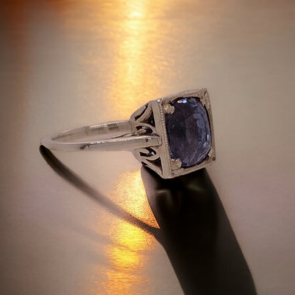Art Deco Egyptian Revival 18ct White Gold & Sapphire Ring