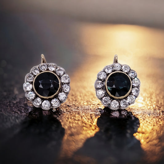 Edwardian 18ct Gold, Diamond & Sapphire Cluster Earrings