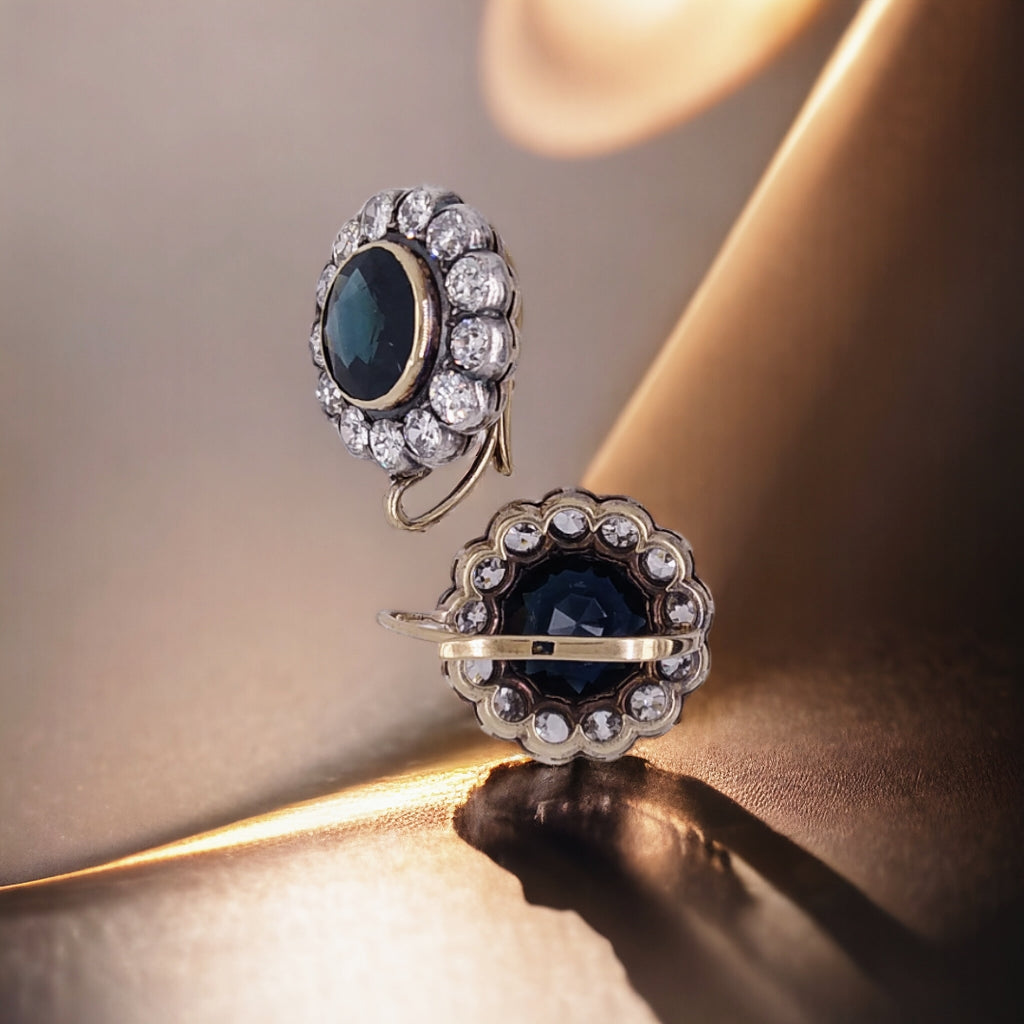 Antique 1900s Sapphire and Old European Cut Diamond Earrings