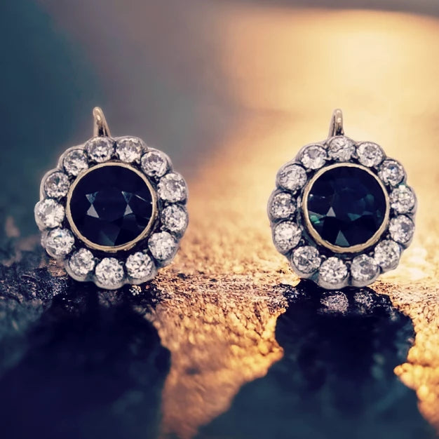 Edwardian 18ct Gold, Diamond & Sapphire Cluster Earrings