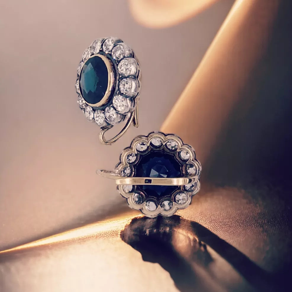 Edwardian 18ct Gold, Diamond & Sapphire Cluster Earrings