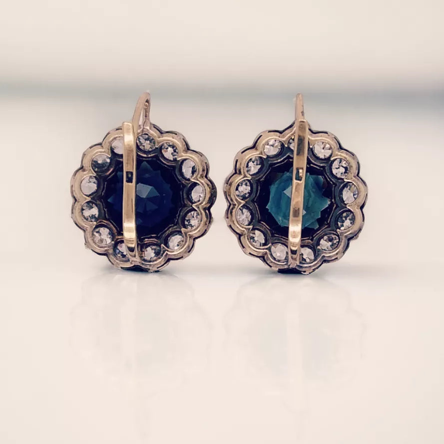Edwardian 18ct Gold, Diamond & Sapphire Cluster Earrings