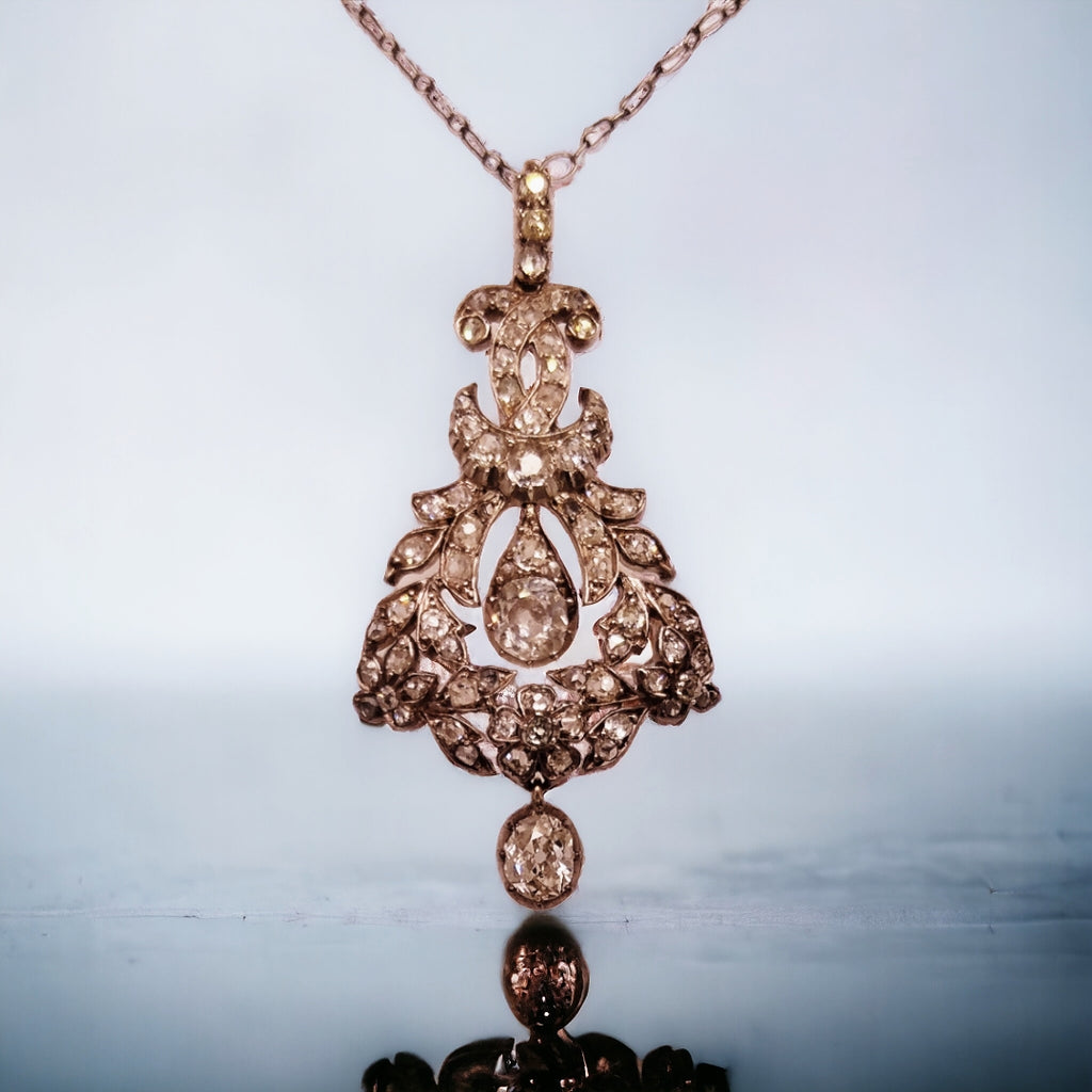 Antique 19th Century Old Mine Cut Diamond and Rose Cut Diamond Floral Pendant