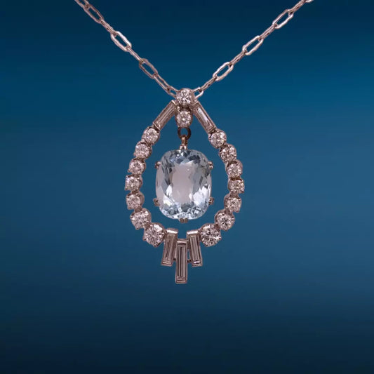 Art Deco Aquamarine Pendant with Brilliant & Baguette-Cut Diamonds