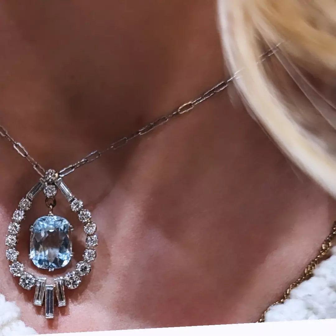 Art Deco Aquamarine Pendant with Brilliant & Baguette-Cut Diamonds
