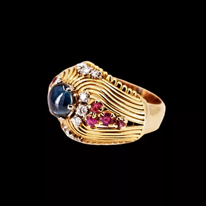 Vintage 1950s 18ct Gold Cocktail Ring with Cabochon Sapphire, Rubies & Diamonds