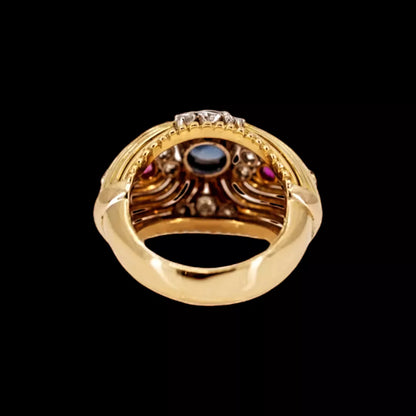 Vintage 1950s 18ct Gold Cocktail Ring with Cabochon Sapphire, Rubies & Diamonds