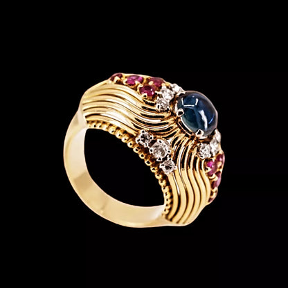 Vintage 1950s 18ct Gold Cocktail Ring with Cabochon Sapphire, Rubies & Diamonds