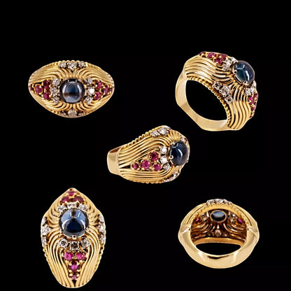 Vintage 1950s 18ct Gold Cocktail Ring with Cabochon Sapphire, Rubies & Diamonds